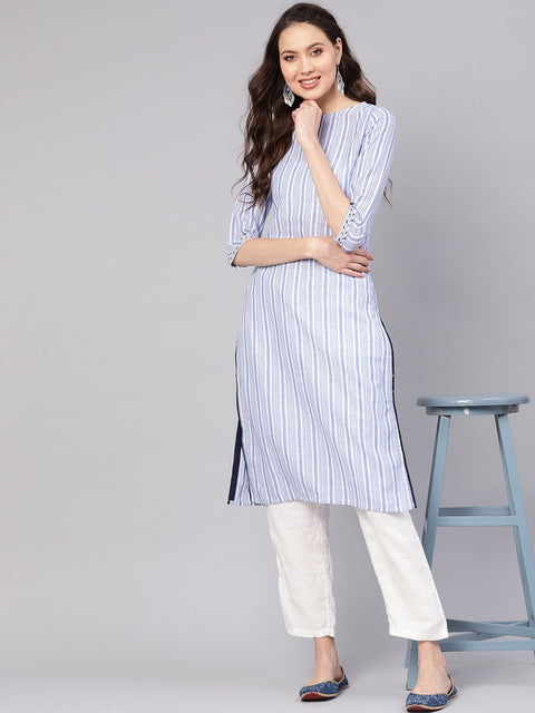 Women Blue & White Striped Straight Kurta