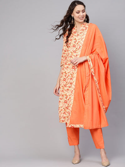 Women Cream-Coloured & Peach-Coloured Printed Kurta with Palazzos & Dupatta