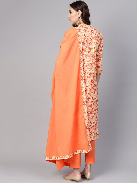Women Cream-Coloured & Peach-Coloured Printed Kurta with Palazzos & Dupatta