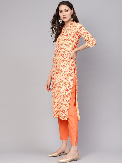 Women Cream-Coloured & Peach-Coloured Printed Kurta with Palazzos & Dupatta