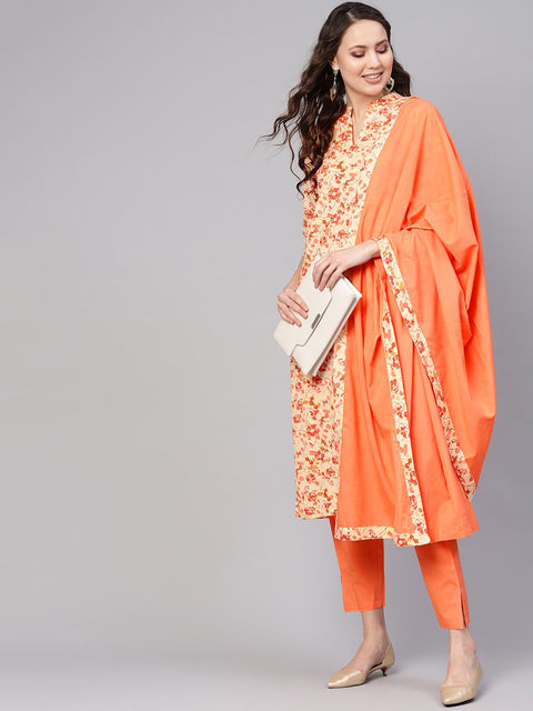 Women Cream-Coloured & Peach-Coloured Printed Kurta with Palazzos & Dupatta