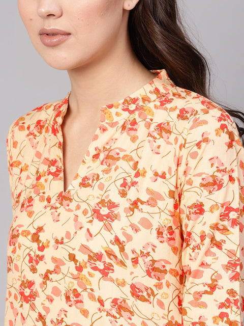 Women Cream-Coloured & Peach-Coloured Printed Kurta with Palazzos & Dupatta