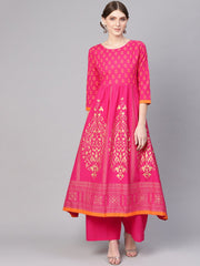 Women Pink & Golden Block Print Kurta with Palazzos & Ethnic Jacket