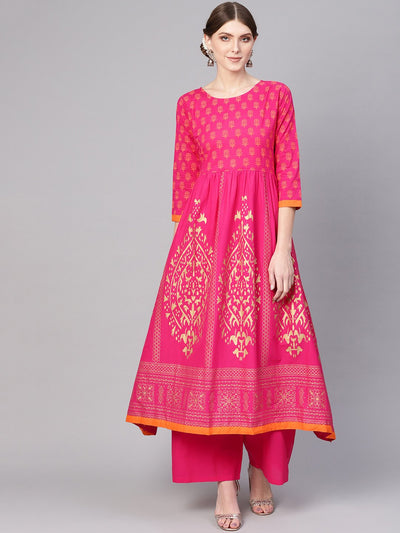 Women Pink & Golden Block Print Kurta with Palazzos & Ethnic Jacket