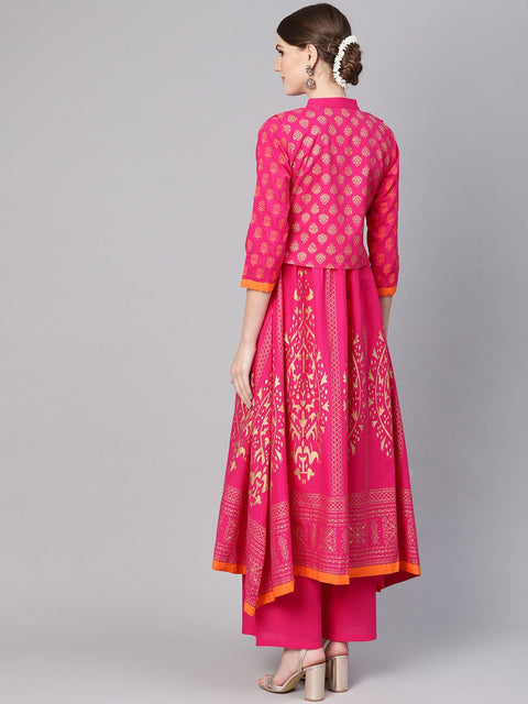 Women Pink & Golden Block Print Kurta with Palazzos & Ethnic Jacket