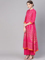 Women Pink & Golden Block Print Kurta with Palazzos & Ethnic Jacket