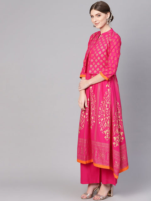 Women Pink & Golden Block Print Kurta with Palazzos & Ethnic Jacket