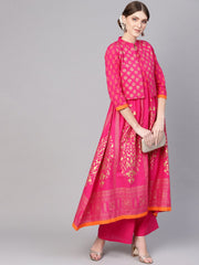 Women Pink & Golden Block Print Kurta with Palazzos & Ethnic Jacket