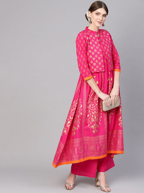 Women Pink & Golden Block Print Kurta with Palazzos & Ethnic Jacket