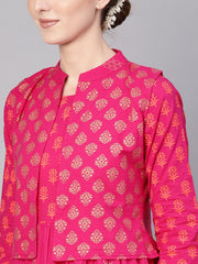Women Pink & Golden Block Print Kurta with Palazzos & Ethnic Jacket