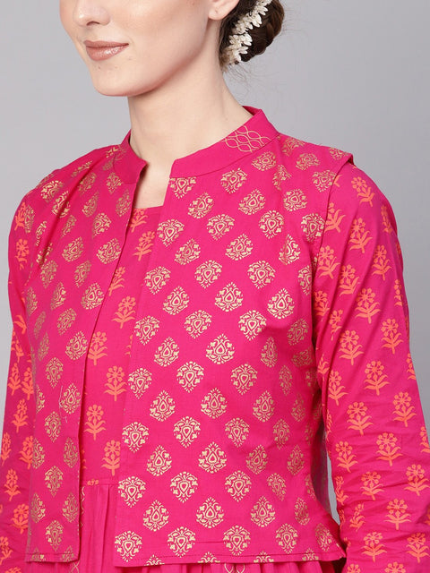 Women Pink & Golden Block Print Kurta with Palazzos & Ethnic Jacket
