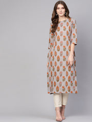 Women Grey & Orange Printed Straight Kurta