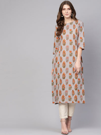 Women Grey & Orange Printed Straight Kurta