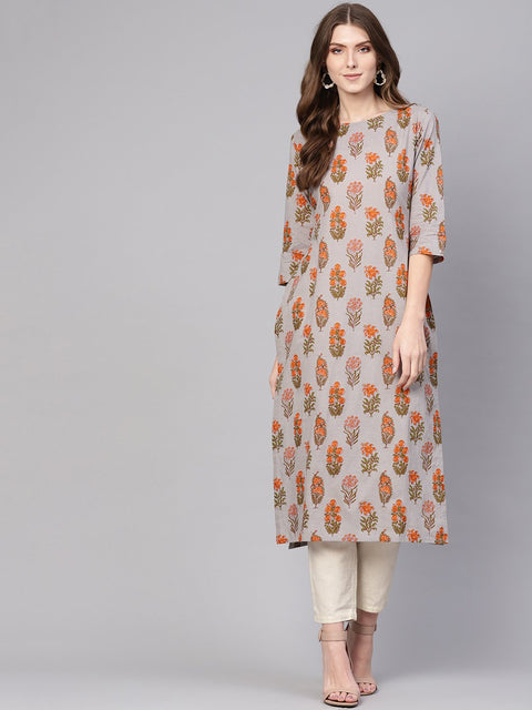 Women Grey & Orange Printed Straight Kurta