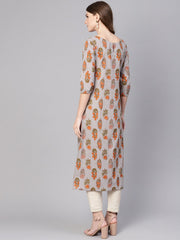 Women Grey & Orange Printed Straight Kurta