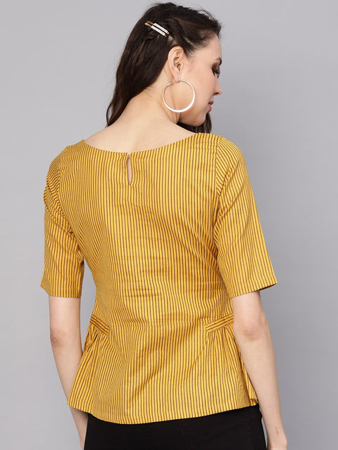 Women Mustard Yellow & Brown Striped A-Line Top