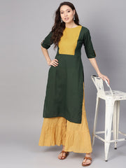 Women Green & Yellow Yoke Design Straight Kurta
