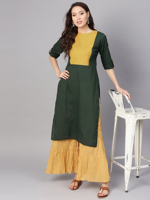 Women Green & Yellow Yoke Design Straight Kurta