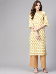 Women Cream-Coloured & Mustard Brown Printed Straight Kurta