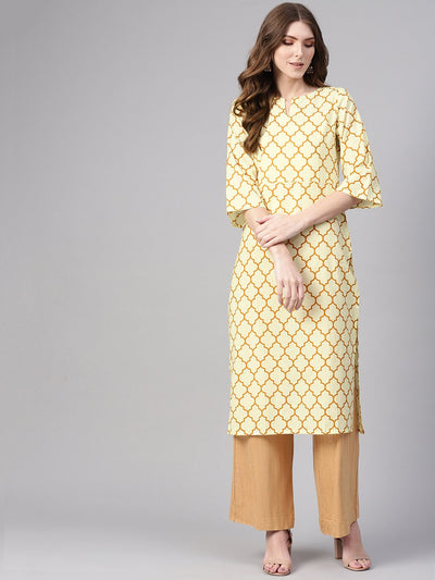 Women Cream-Coloured & Mustard Brown Printed Straight Kurta