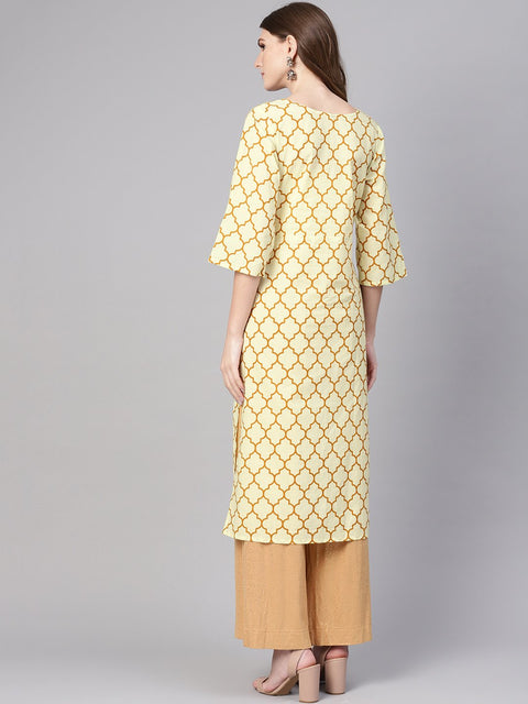 Women Cream-Coloured & Mustard Brown Printed Straight Kurta