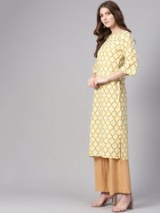 Women Cream-Coloured & Mustard Brown Printed Straight Kurta