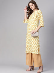 Women Cream-Coloured & Mustard Brown Printed Straight Kurta