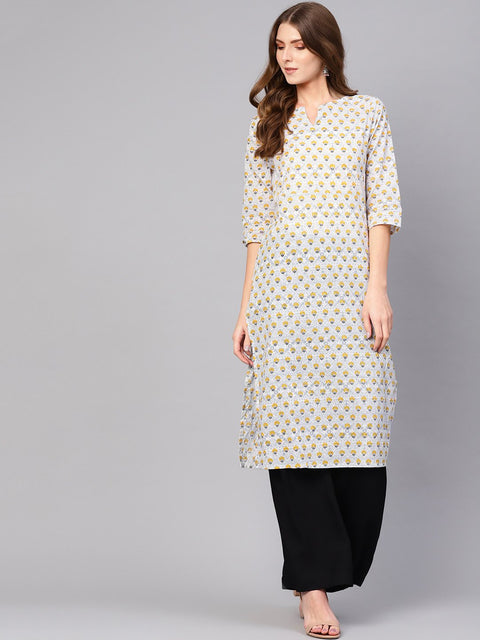 Women Off-White & Mustard Yellow Printed Straight Kurta