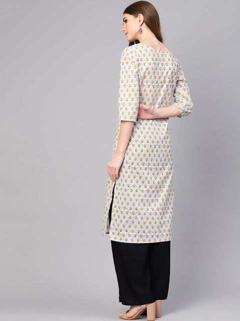 Women Off-White & Mustard Yellow Printed Straight Kurta