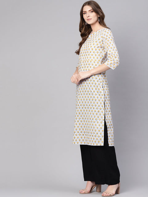 Women Off-White & Mustard Yellow Printed Straight Kurta