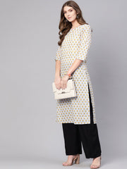 Women Off-White & Mustard Yellow Printed Straight Kurta