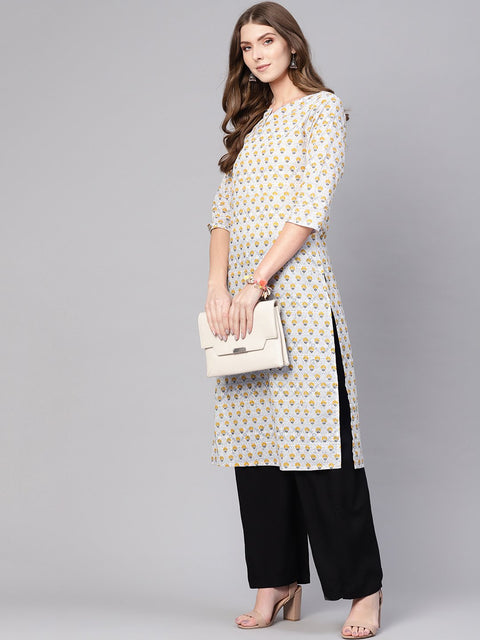 Women Off-White & Mustard Yellow Printed Straight Kurta
