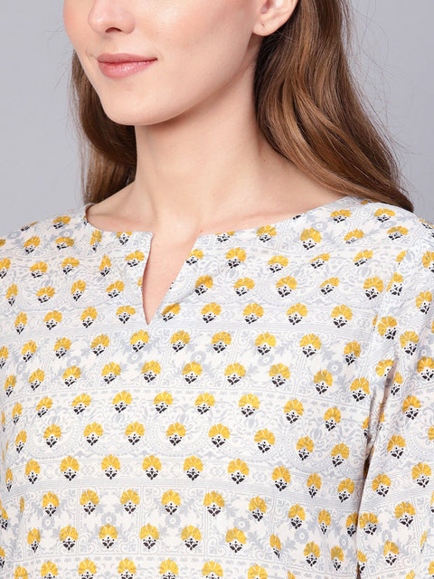 Women Off-White & Mustard Yellow Printed Straight Kurta