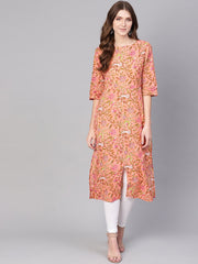 Women Peach-Coloured & Olive Green Printed Straight Kurta