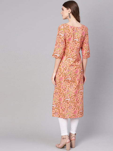 Women Peach-Coloured & Olive Green Printed Straight Kurta