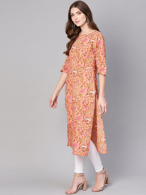 Women Peach-Coloured & Olive Green Printed Straight Kurta