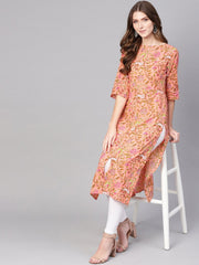 Women Peach-Coloured & Olive Green Printed Straight Kurta
