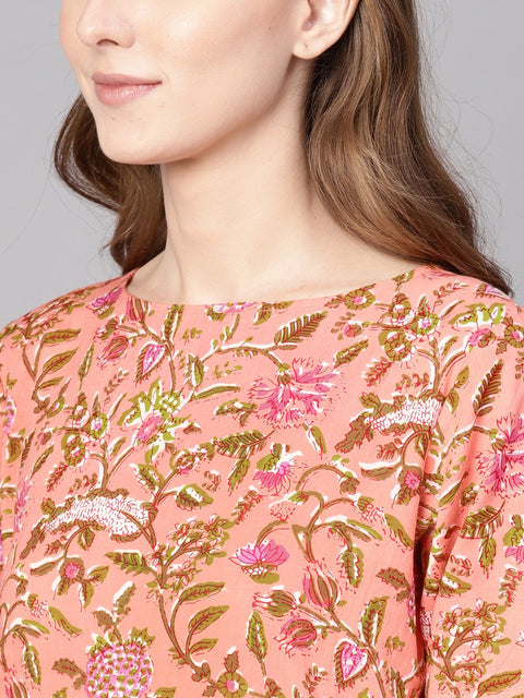 Women Peach-Coloured & Olive Green Printed Straight Kurta