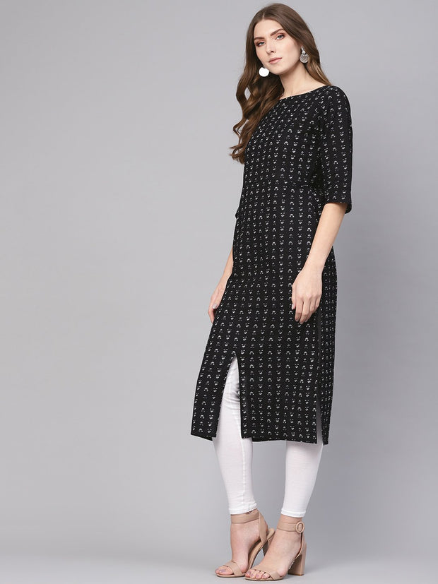 Women Black & White Printed Straight Kurta
