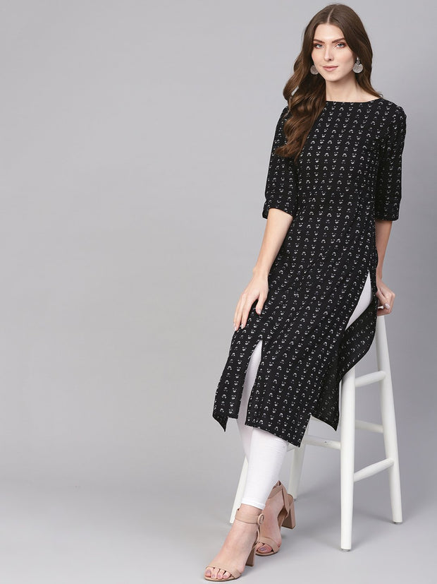 Women Black & White Printed Straight Kurta