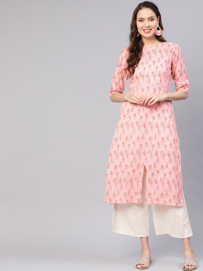 Women Peach-Coloured Printed Straight Kurta