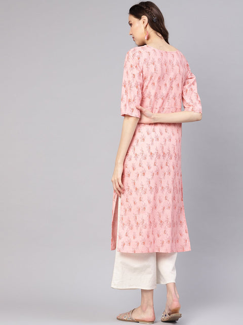 Women Peach-Coloured Printed Straight Kurta