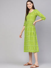 Women Green & Yellow Bandhej Printed A-Line Dress