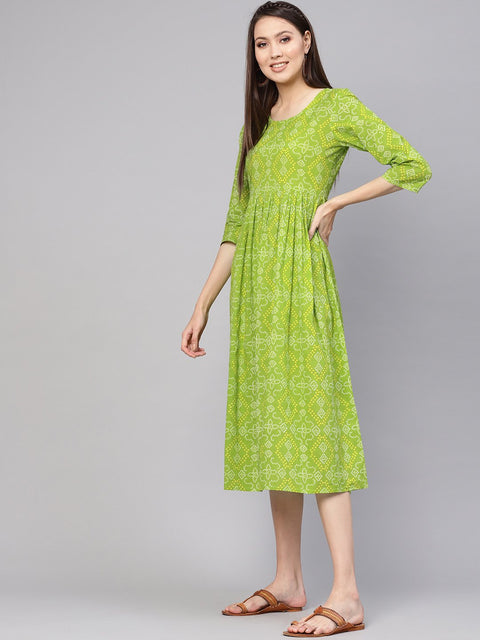 Women Green & Yellow Bandhej Printed A-Line Dress