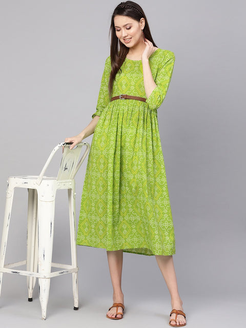 Women Green & Yellow Bandhej Printed A-Line Dress