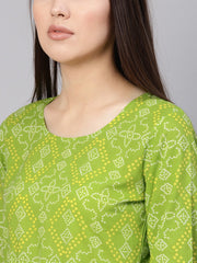 Women Green & Yellow Bandhej Printed A-Line Dress
