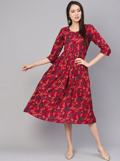 Women Maroon & Black Printed A-Line Dress