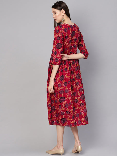 Women Maroon & Black Printed A-Line Dress