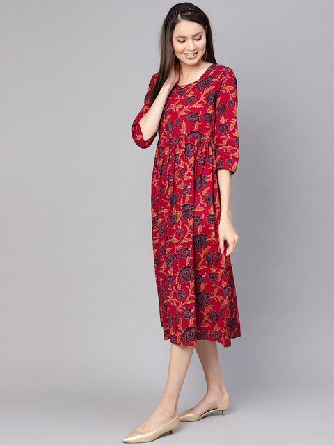 Women Maroon & Black Printed A-Line Dress