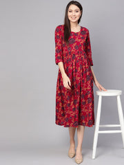 Women Maroon & Black Printed A-Line Dress